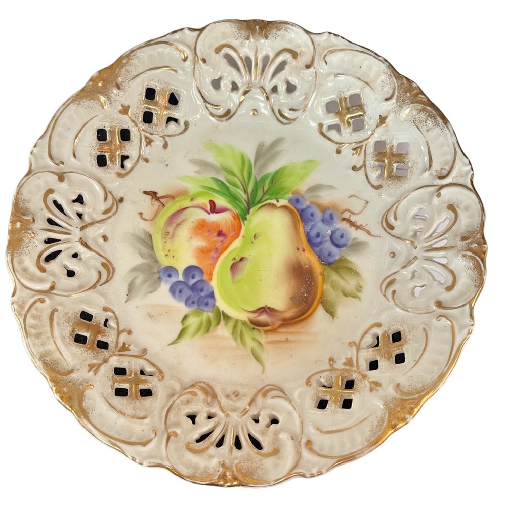 Vtg Lefton China Hand Painted Fruit Decorative Plate Reticulated Lattice Edge